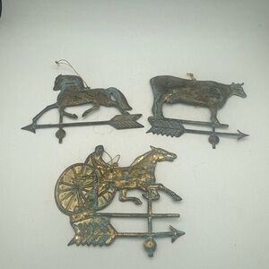 VTG Copper Weather Vane Horse Buggy  Cow  rustic  Patina Ornaments set of 3